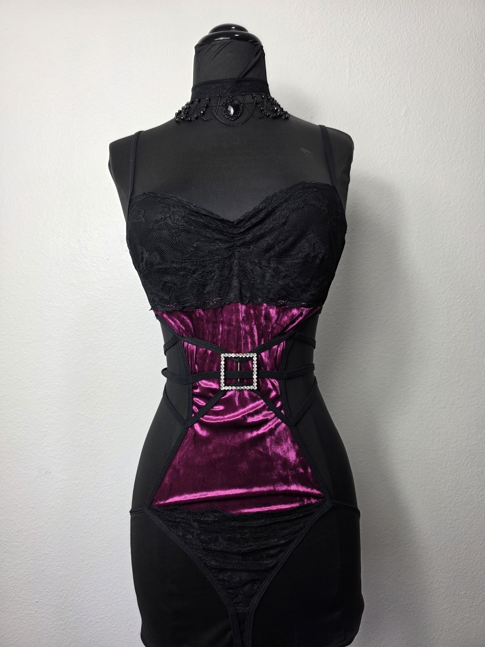 Shirley of Hollywood Black & Magenta Velvet Lace Bodysuit